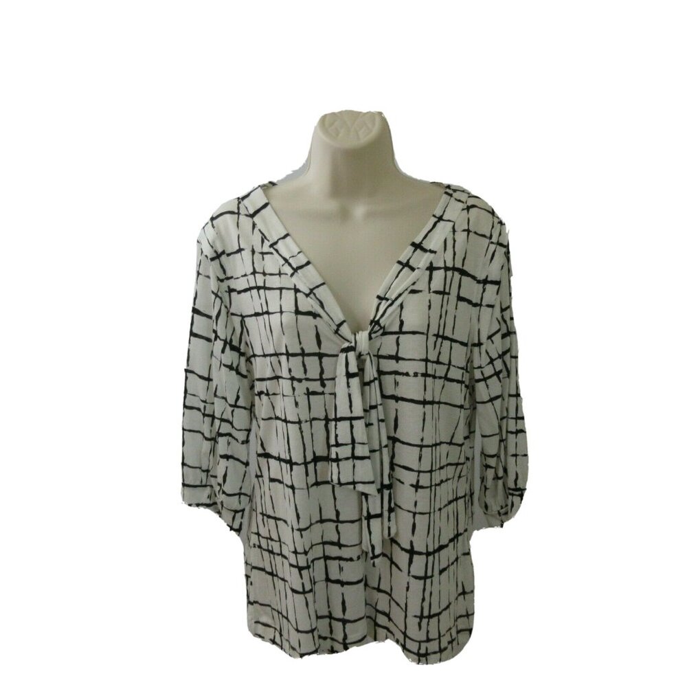 Banana Republic Blouse Size Large Tie Front Sailor V-Neck White Black 3/4 Sleeve